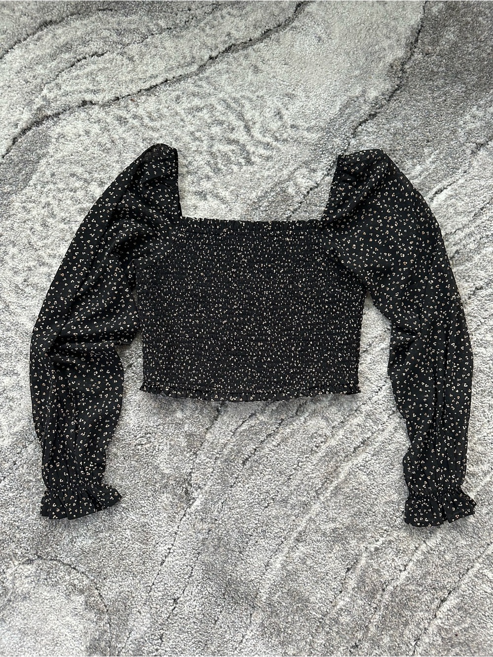 T.J.Maxx Black Smocked Square-Neck Puff Sleeve Crop Top with Tiny Cream Floral